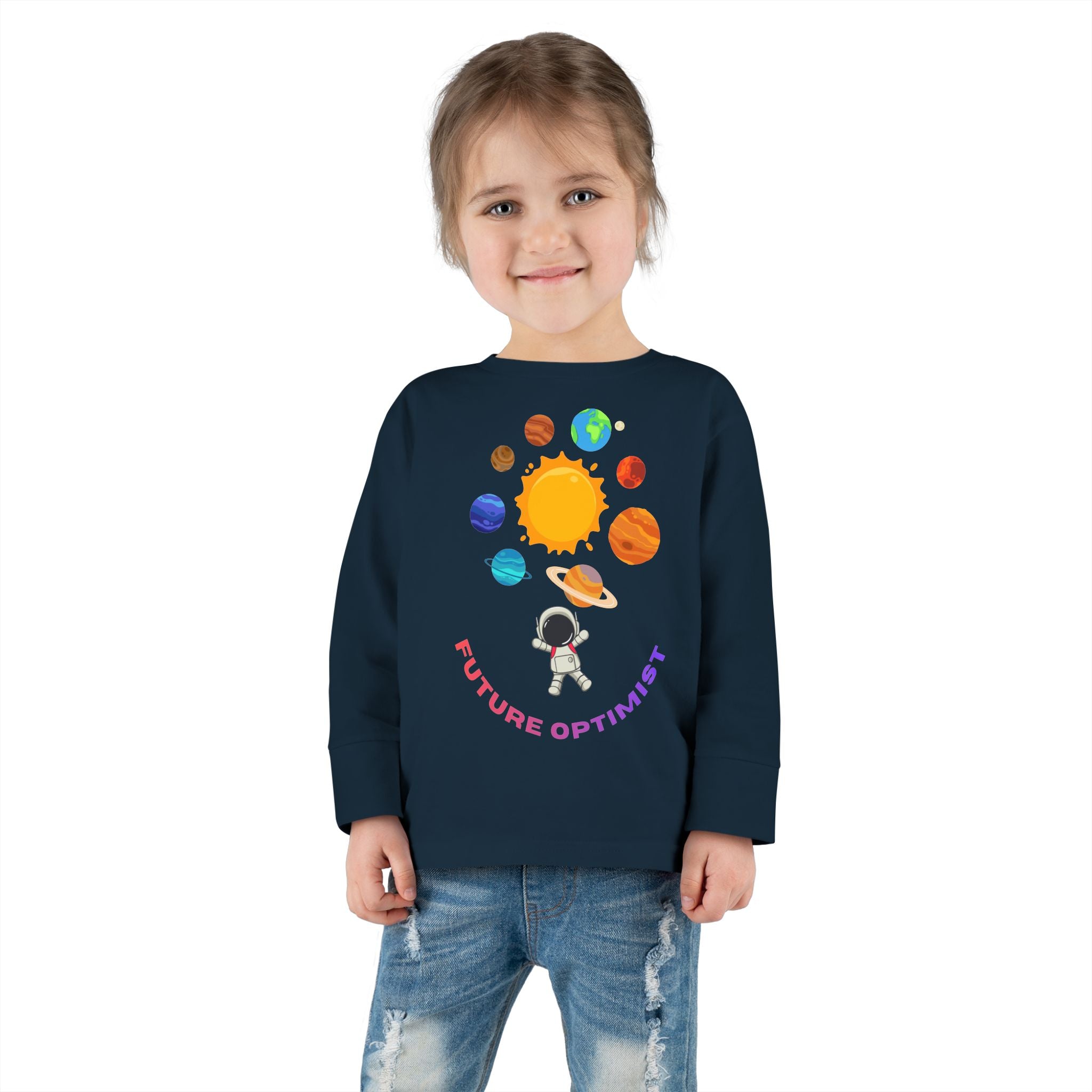 Future Optimist Astronaut toddler long sleeve tee | Solar System planets design - Mutantur Labs LLC