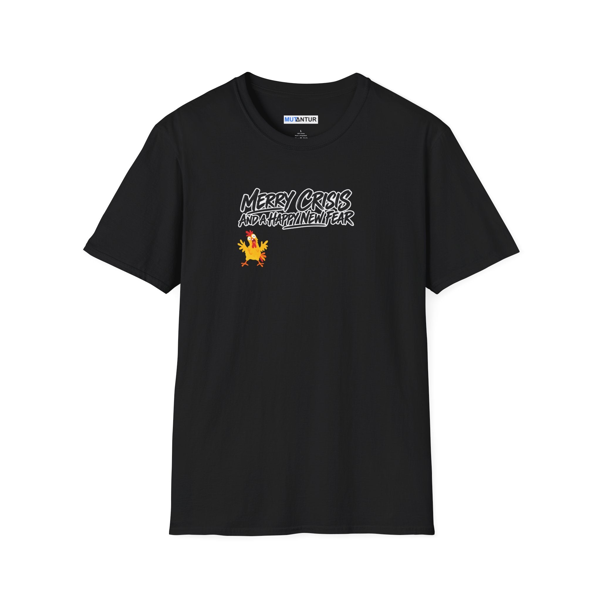 A black short-sleeve crewneck t-shirt with a graphic on the chest that reads 'MERRY CRISIS AND HAPPY NEW YEAR' in a stylized white font, accompanied by a small orange and yellow cartoon character. The shirt is displayed flat against a solid white background.