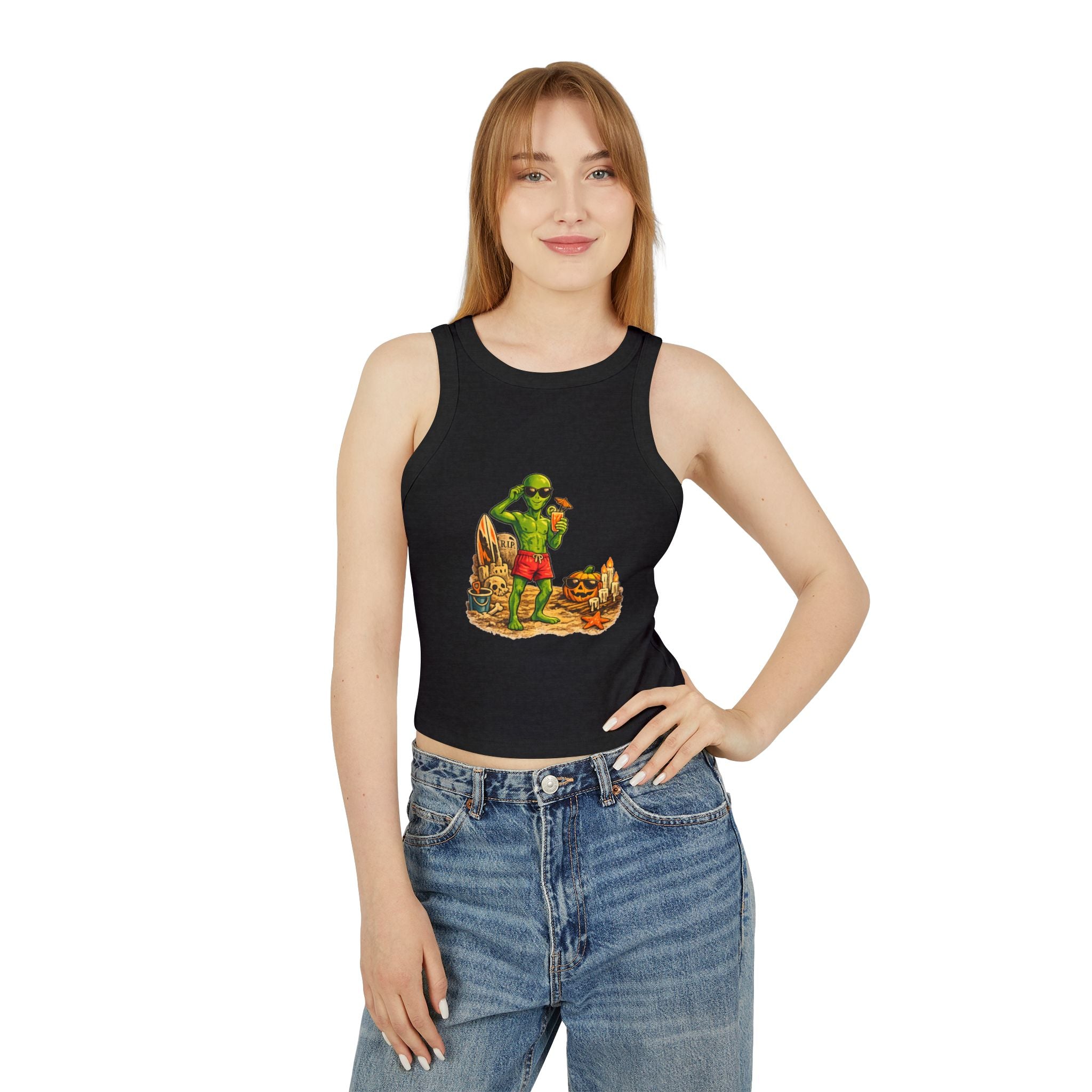 Alien on Vacation Crop Tank Top — Retro Summerween Beach Graphic