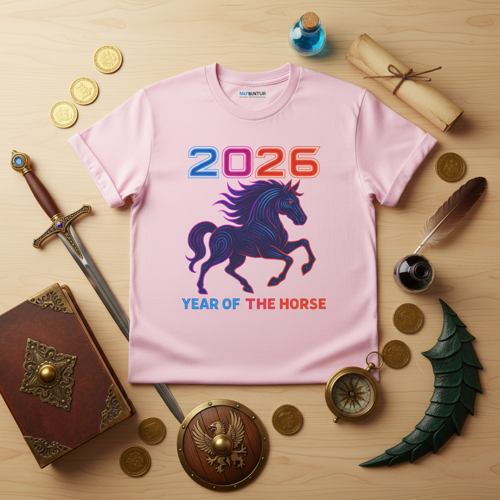 2026 Year of the Horse neon stallion graphic tee in pink, folded flat lay styled with a sword, spellbook, gold coins, quill, compass, and dragon-wing charm on a wooden table