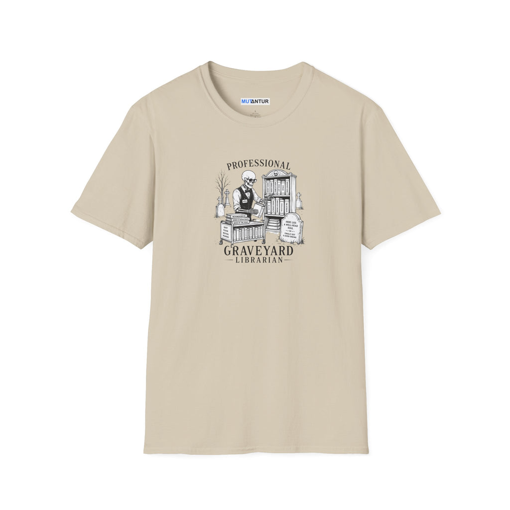 beige short sleeved t shirt with a skeleton  graphic with the words Professional Graveyard Librarian