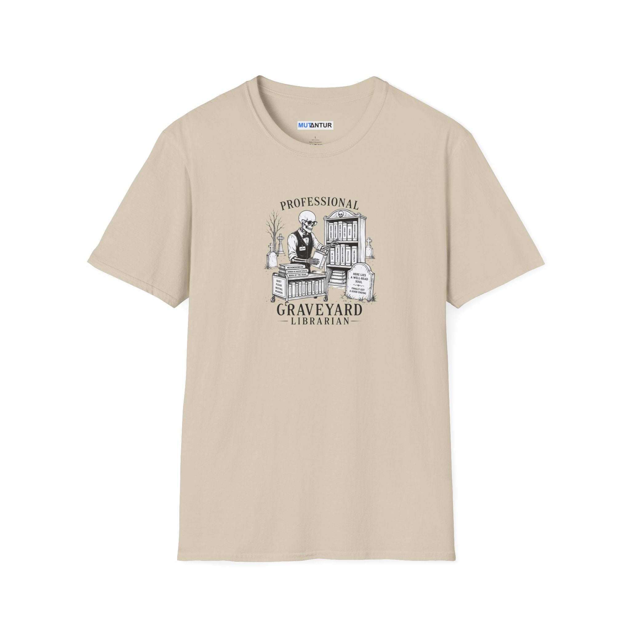 beige short sleeved t shirt with a skeleton  graphic with the words Professional Graveyard Librarian