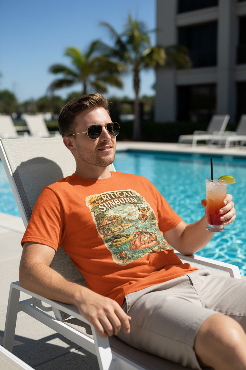 Critical Sunburn Beach T-Shirt – Retro Tropical Vacation Graphic Tee - Mutantur Labs LLC