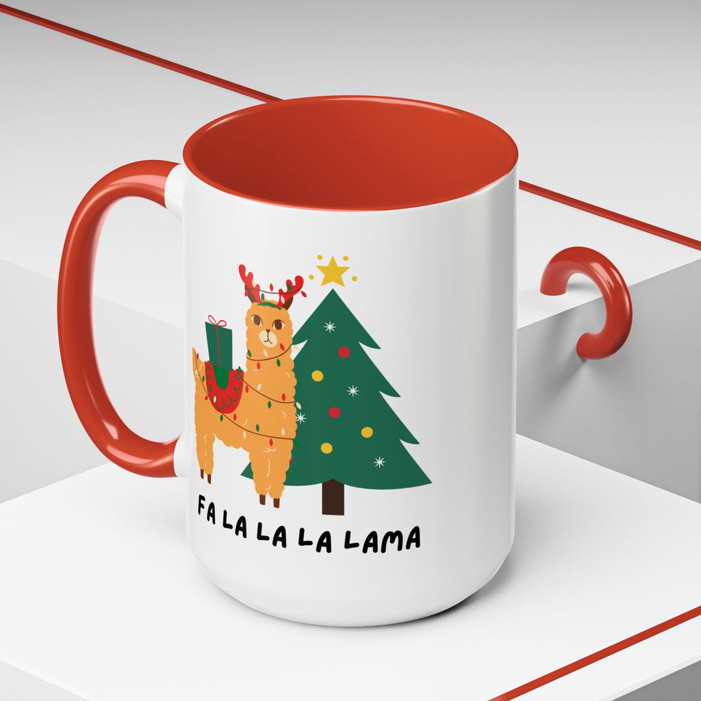 A white ceramic mug with a red interior and handle, featuring a festive llama and Christmas tree graphic with the text 'FA LA LA LA LAMA' printed below.