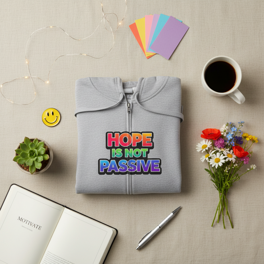 Hope Is Not Passive rainbow statement graphic hoodie, flat lay