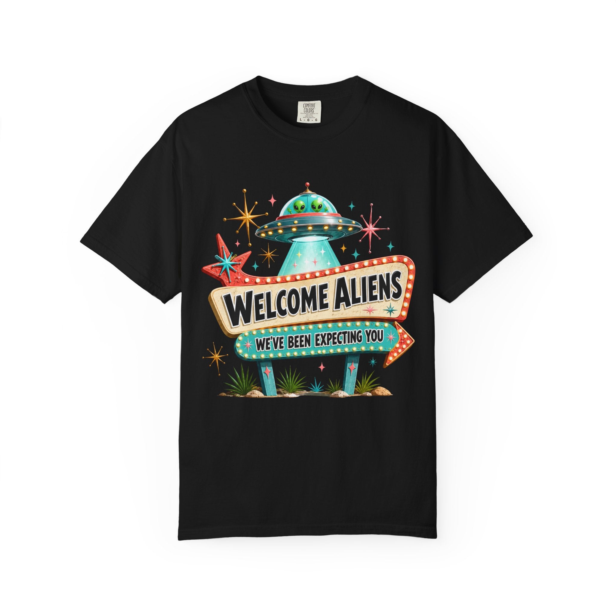 Welcome Aliens retro UFO Las Vegas sign Comfort Colors graphic tee, alternate angle