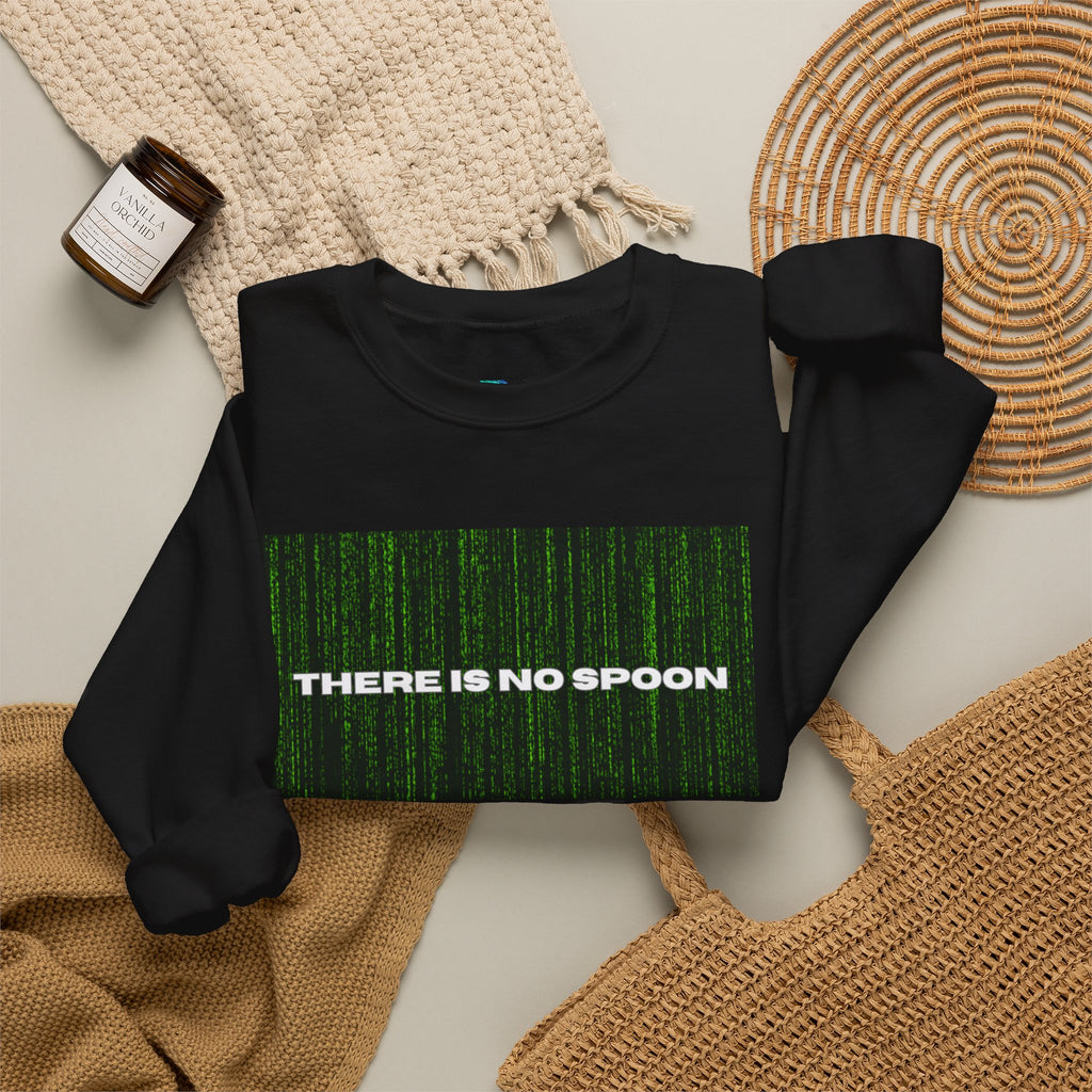 There Is No Spoon Matrix-inspired graphic crewneck sweatshirt, close-up of design detail