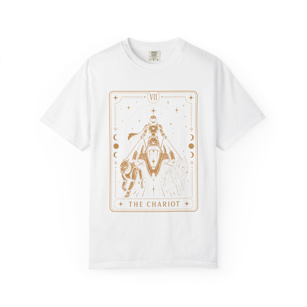 White t-shirt with 'The Chariot' tarot card design on a white background