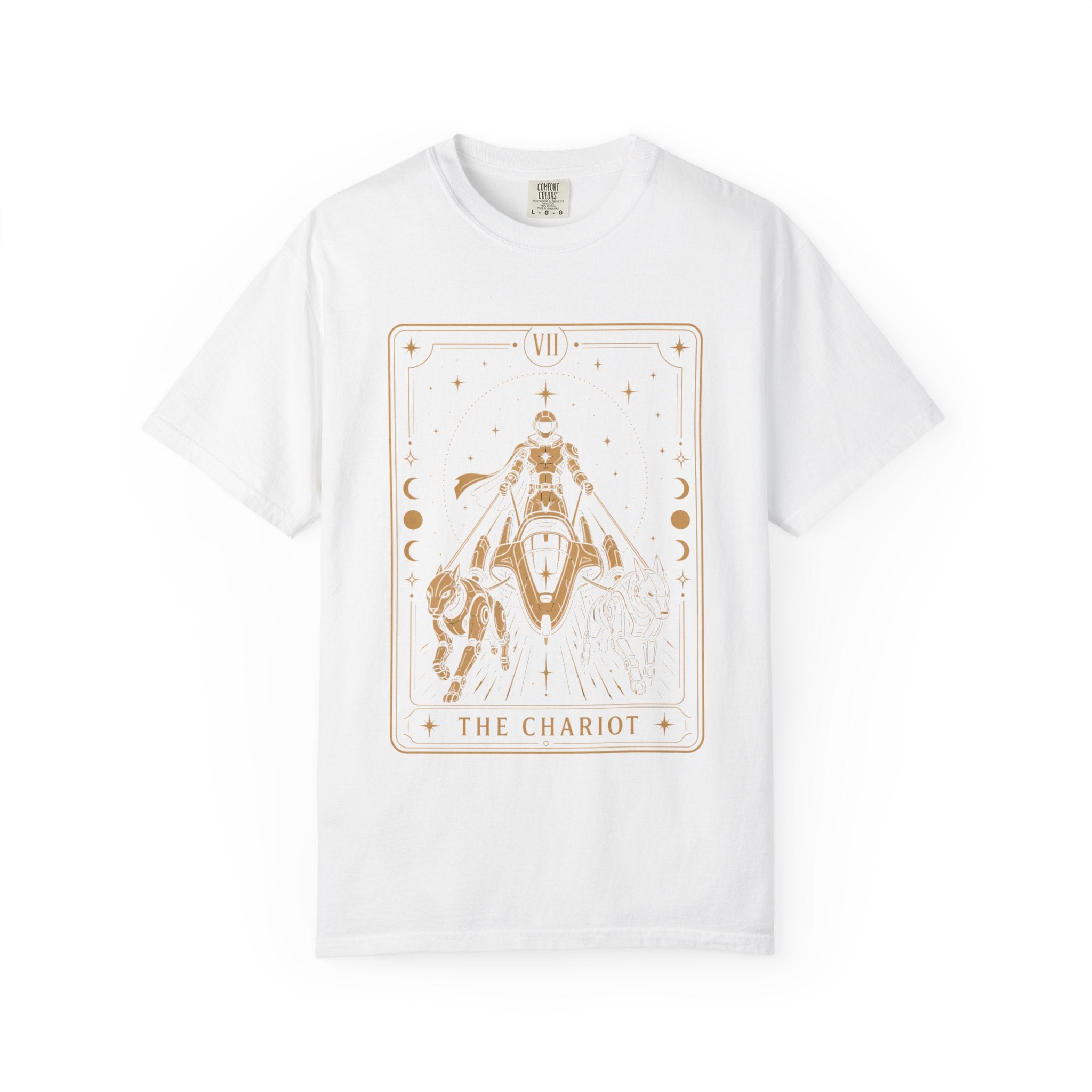 White t-shirt with 'The Chariot' tarot card design on a white background
