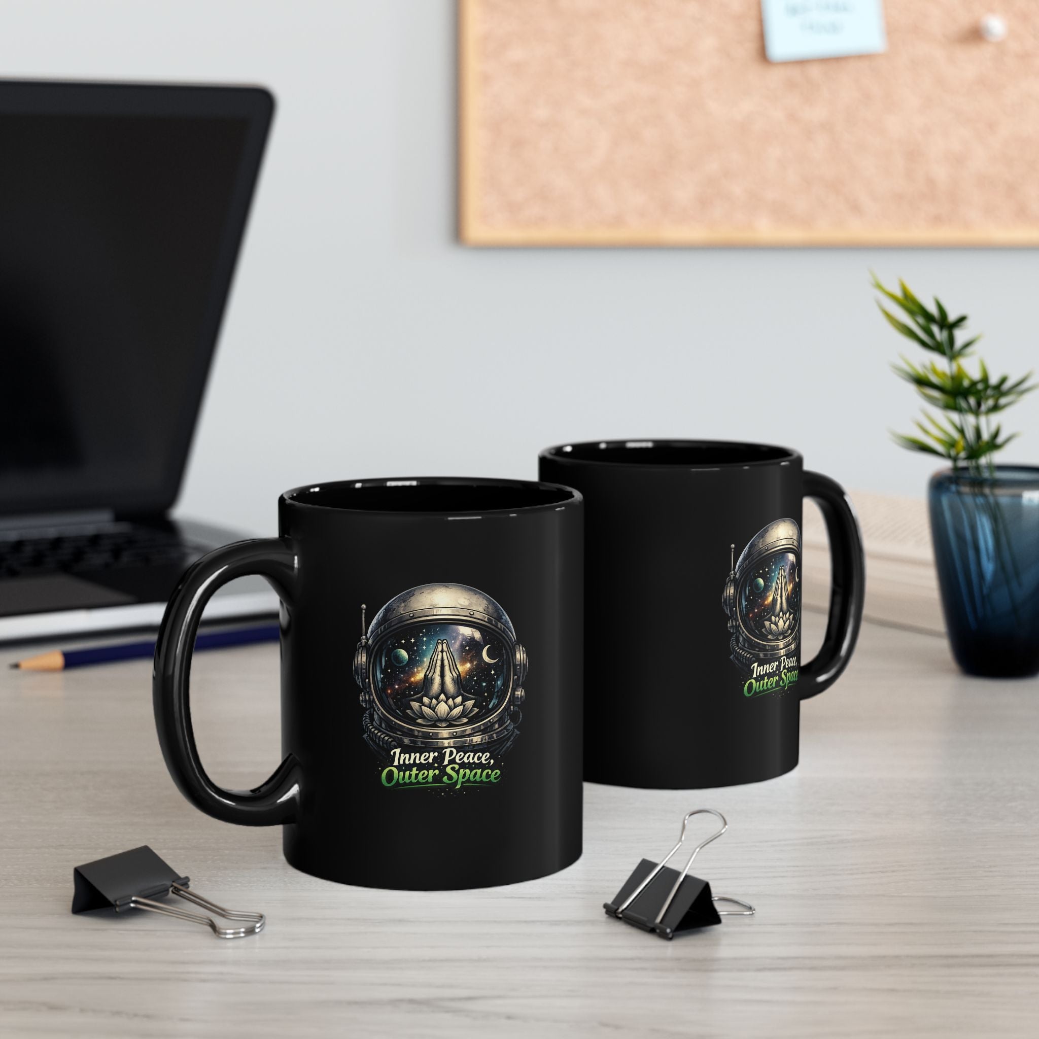 Inner Peace, Outer Space Black Mug — Astronaut Helmet Lotus Coffee Cup 11oz