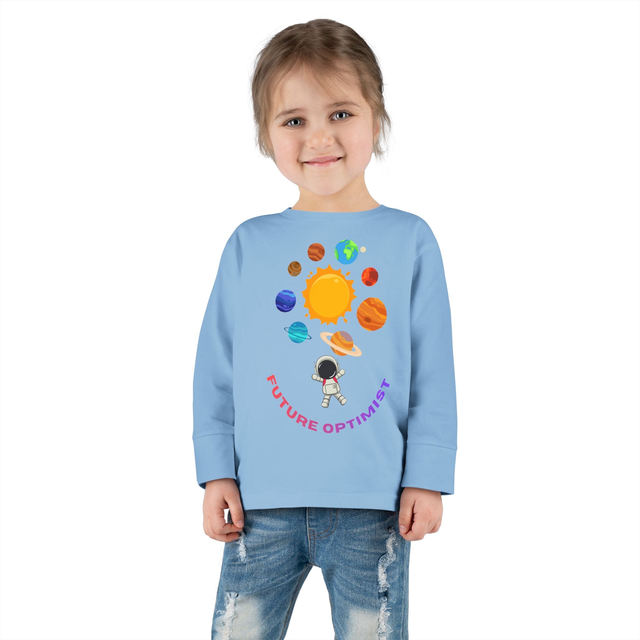 Future Optimist Astronaut toddler long sleeve tee | Solar System planets design - Mutantur Labs LLC
