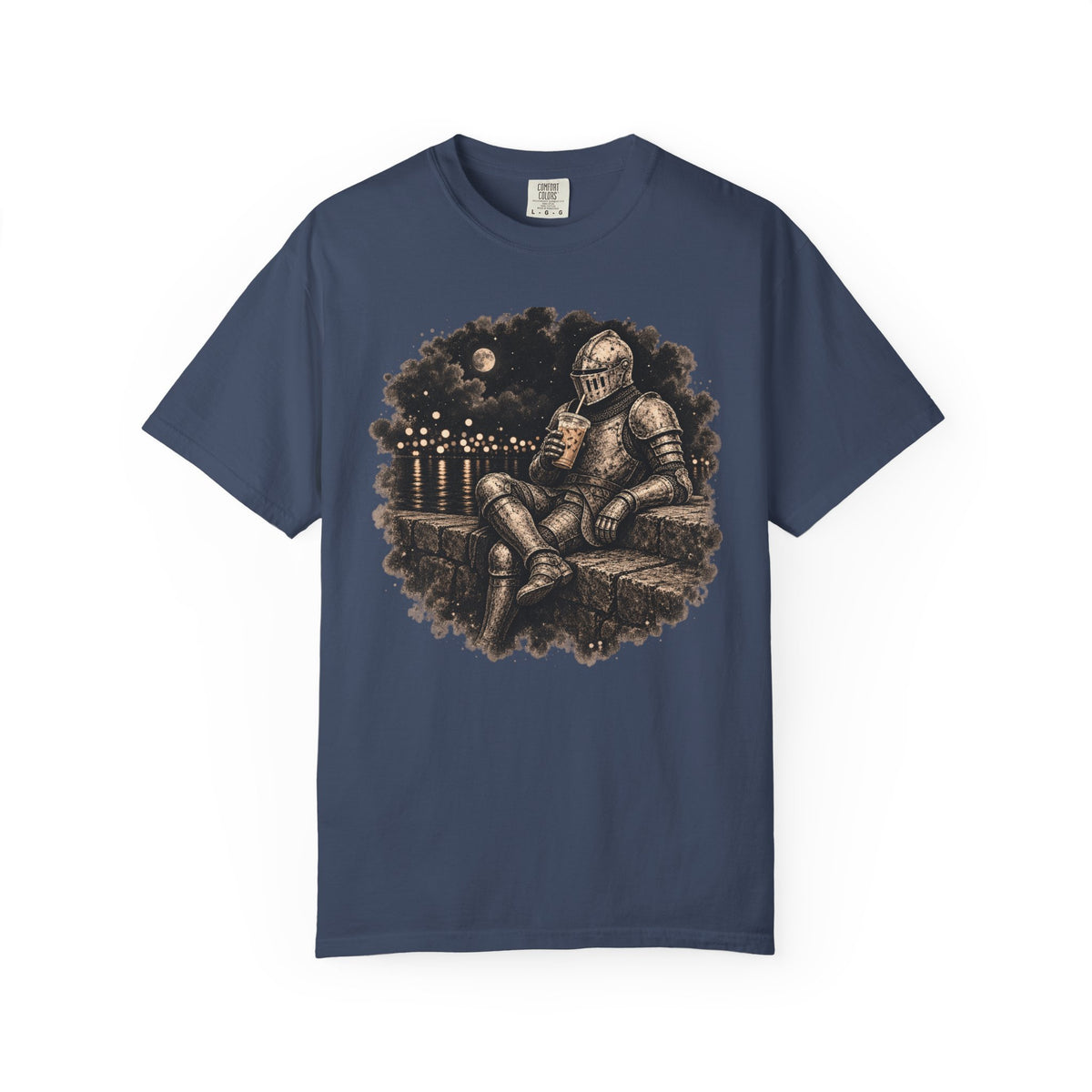 Off Duty Knight vintage medieval fantasy graphic tee in navy, front view, featuring an armored knight drinking iced coffee on a stone wall under a full moon