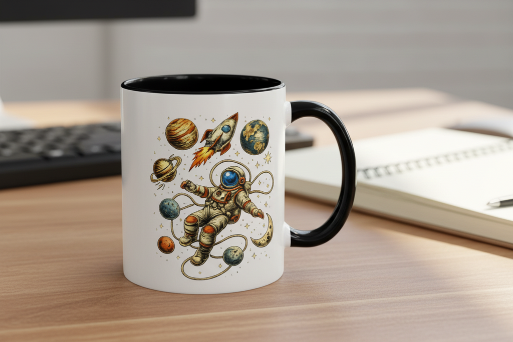 Astronaut in Space rocket and planets ceramic coffee mug, close-up of design detail