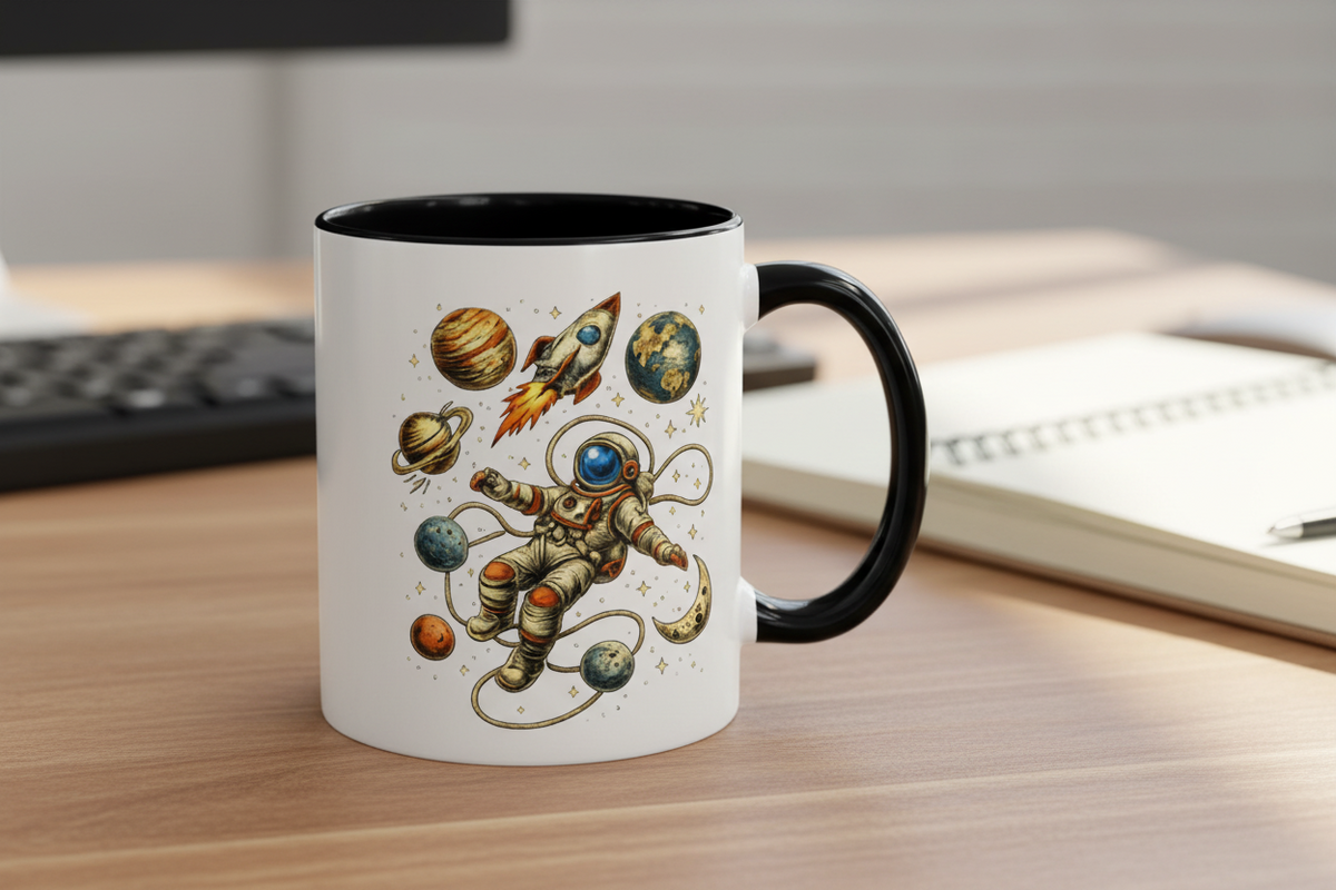 Astronaut in Space rocket and planets ceramic coffee mug, close-up of design detail