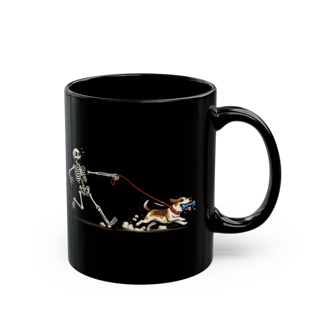 Running Skeleton & Dog Black Mug — Funny Halloween Coffee Cup (11oz)