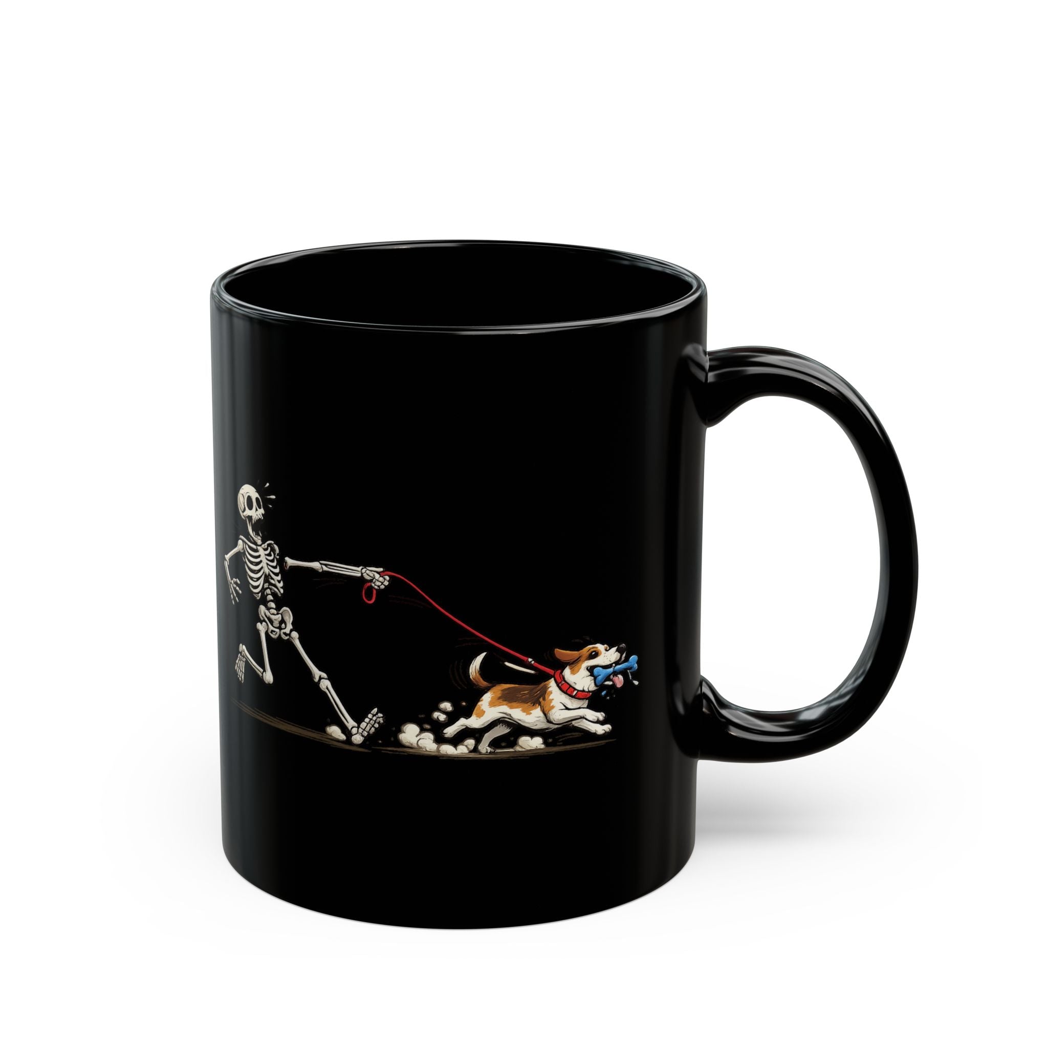 Running Skeleton & Dog Black Mug — Funny Halloween Coffee Cup (11oz)