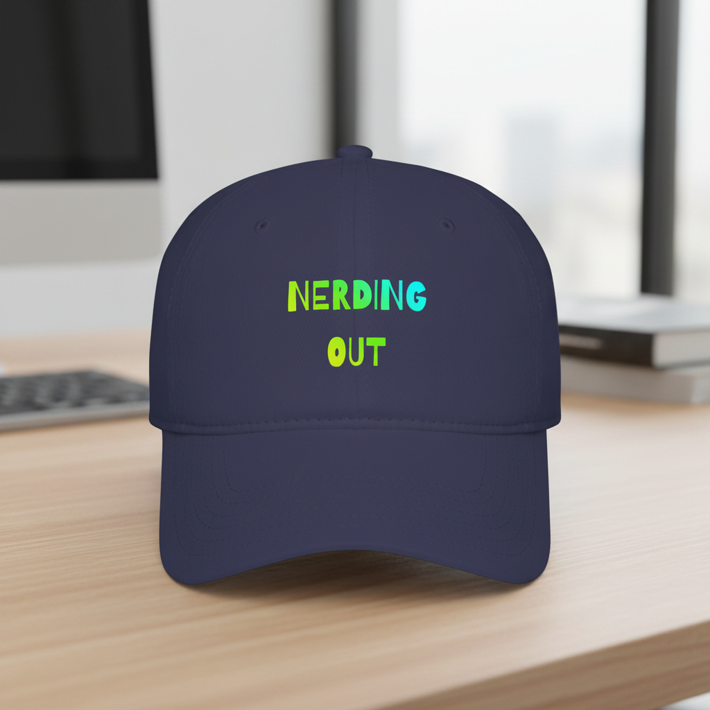 Nerding Out Baseball Cap, colorful geek hat, close-up of design