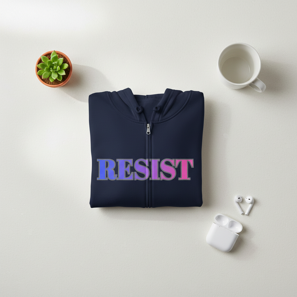 RESIST zip hooded sweatshirt protest gear, folded view