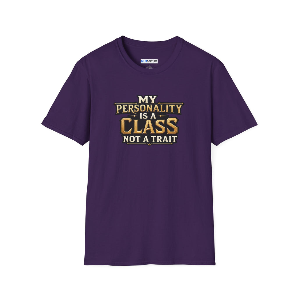 A purple short-sleeve crewneck t-shirt with a graphic text print on the chest that reads 'MY PERSONALITY IS A CLASS NOT A TRAIT' in gold and white lettering, displayed on a solid white background.