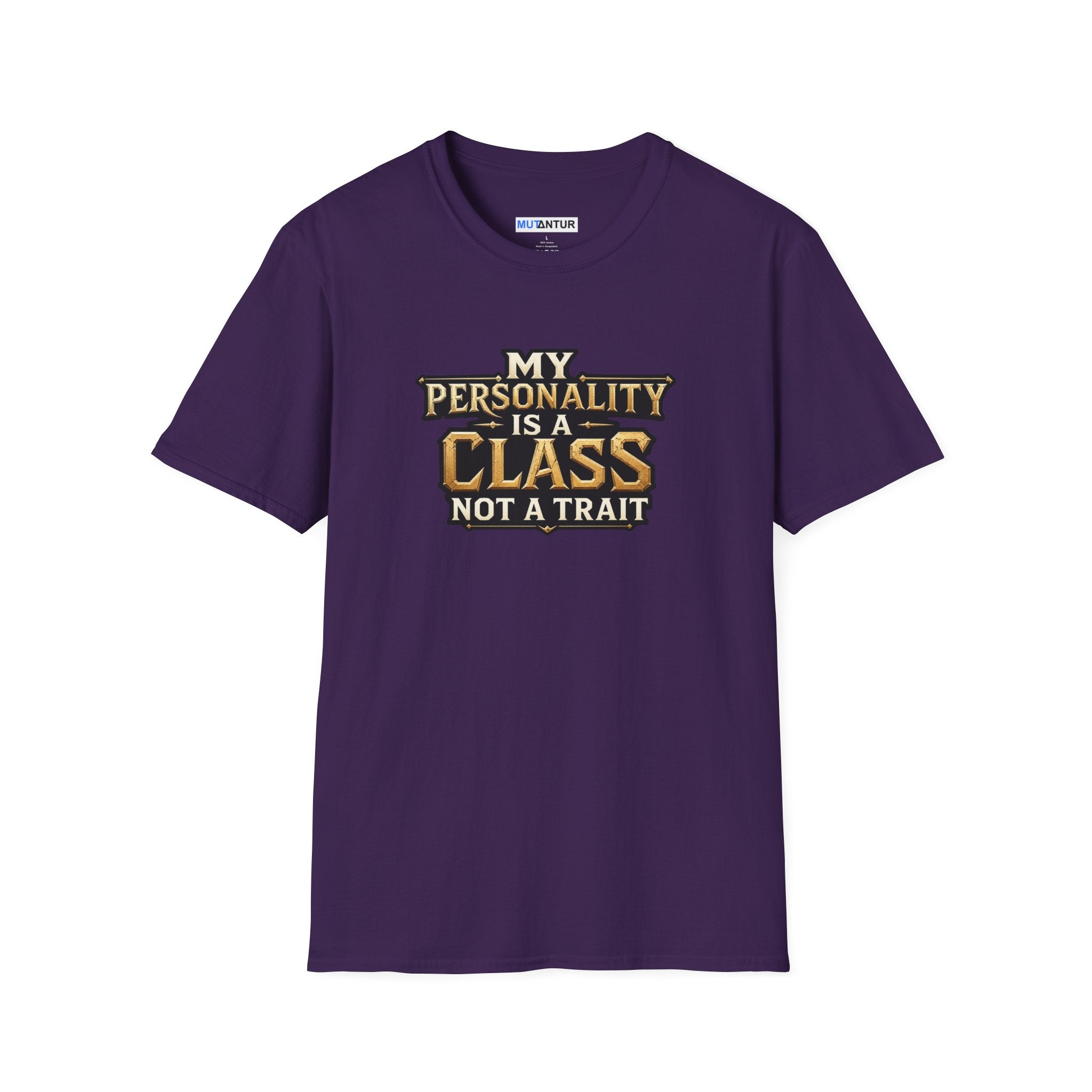 A purple short-sleeve crewneck t-shirt with a graphic text print on the chest that reads 'MY PERSONALITY IS A CLASS NOT A TRAIT' in gold and white lettering, displayed on a solid white background.