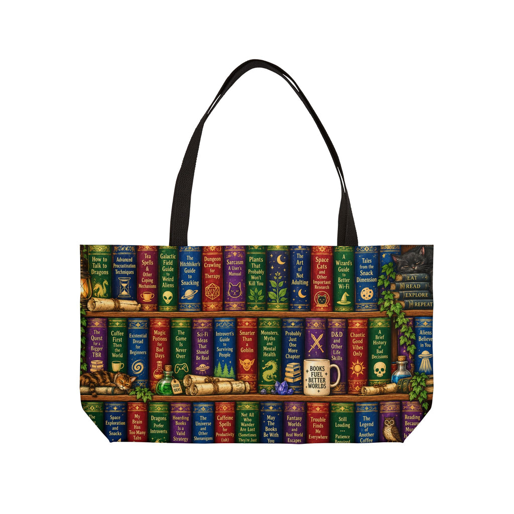 A tote bag featuring a detailed print of three rows of colorful, vintage-style wizarding books on a shelf, with a small mug that reads 'Books Fuel Better Worlds'. The bag has black shoulder straps and is shown against a plain white background.