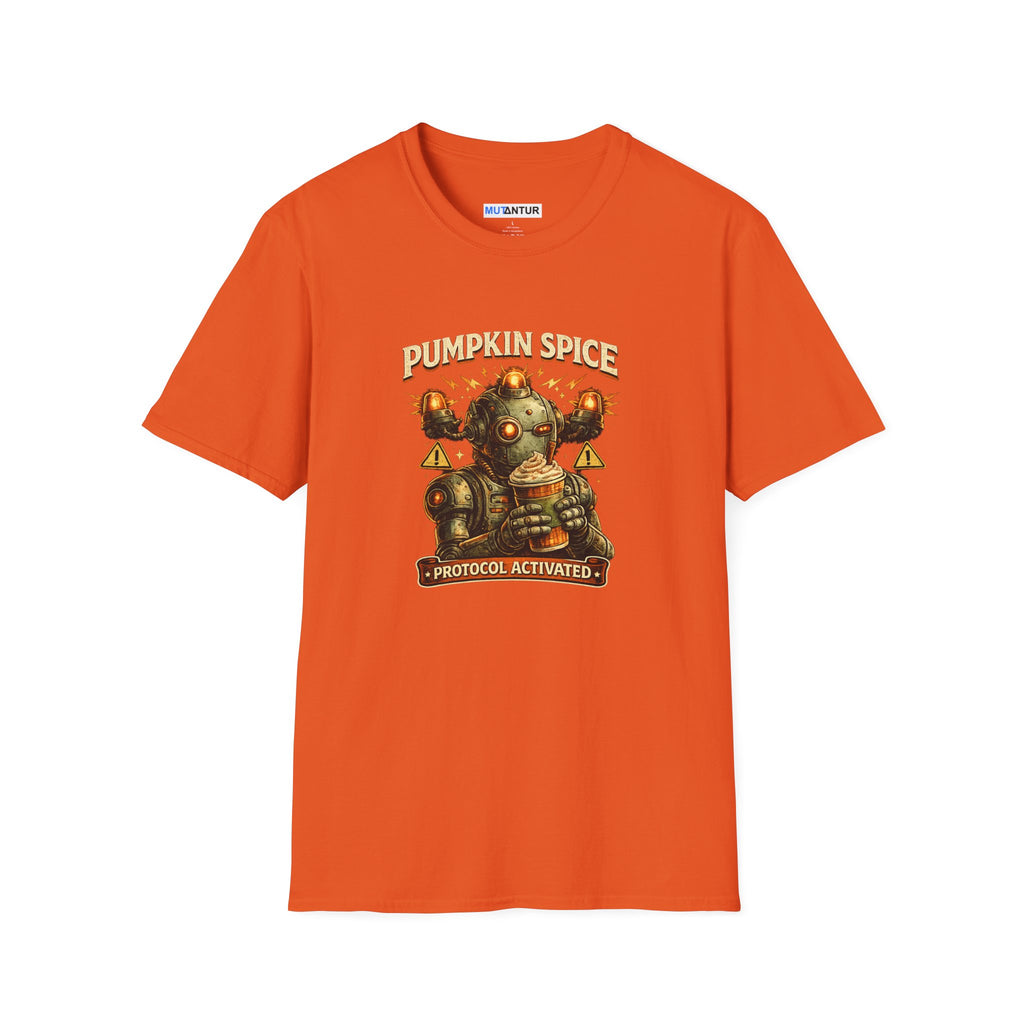 An orange short-sleeve crewneck t-shirt featuring a retro graphic of a steampunk robot with the text 'PUMPKIN SPICE' and 'PROTOCOL ACTIVATED'.