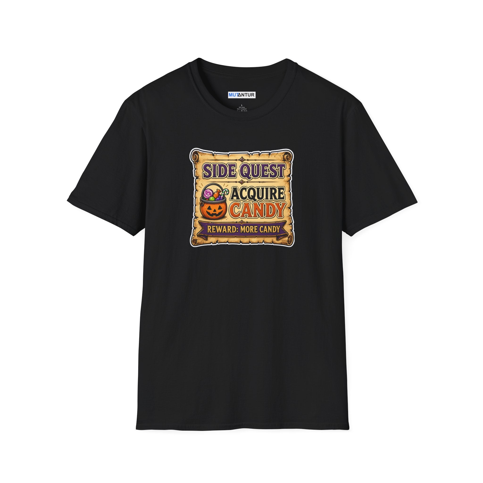 A Black  short-sleeve crewneck t-shirt featuring a colorful graphic on the chest that reads 'SIDE QUEST TO ACQUIRE CANDY REWARD: MORE CANDY' with a jack-o'-lantern illustration.