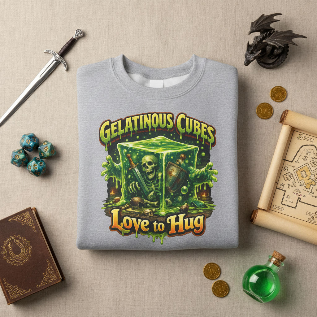 Gelatinous Cubes Love to Hug RPG monster sweatshirt, lifestyle shot