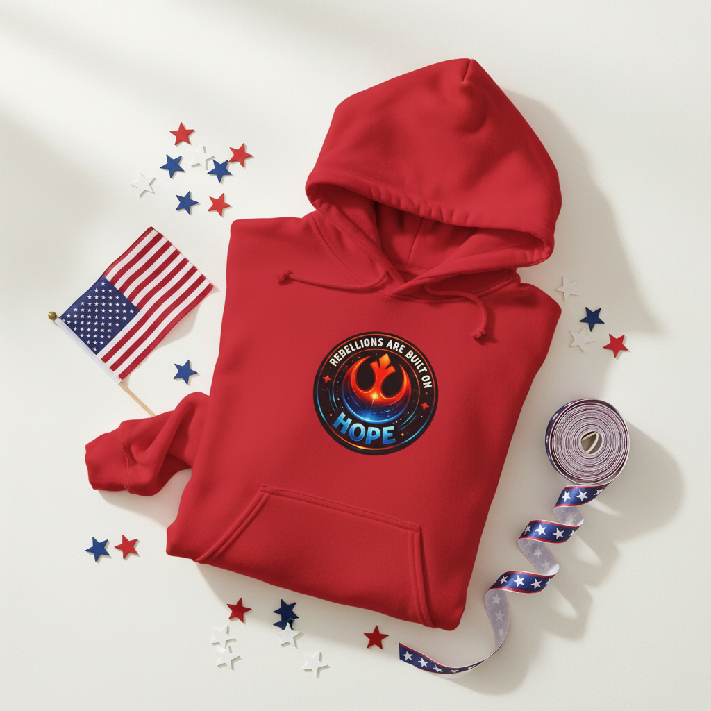 A folded red hoodie is arranged on a white surface with patriotic props, including a small American flag, scattered red, white, and blue stars, and a rolled ribbon. The hoodie has a circular chest graphic with a lightsaber and the words 'REBELLIONS ARE BUILT ON HOPE'.