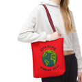 Imagine Whirled Peas pun graphic tote bag, styled photo