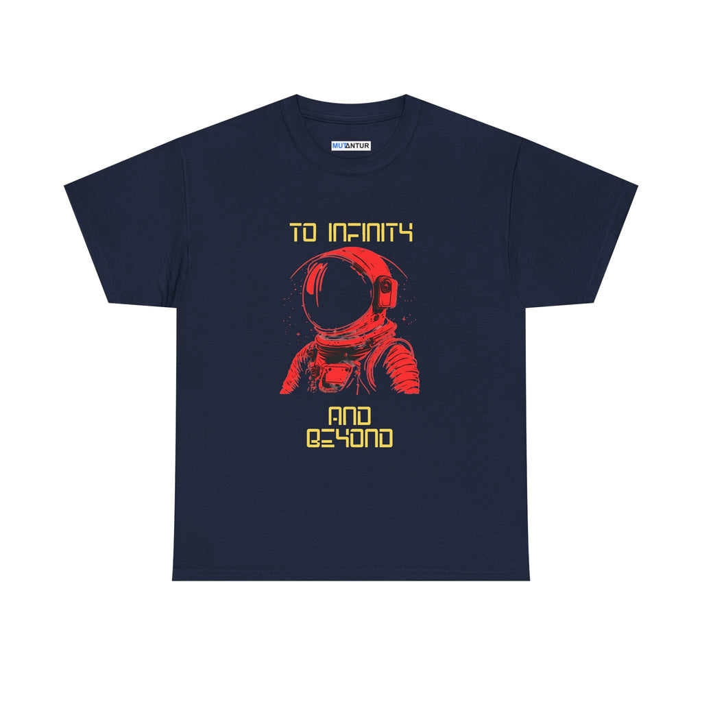 To Infinity and Beyond retro astronaut graphic tee in navy, front view flat mockup