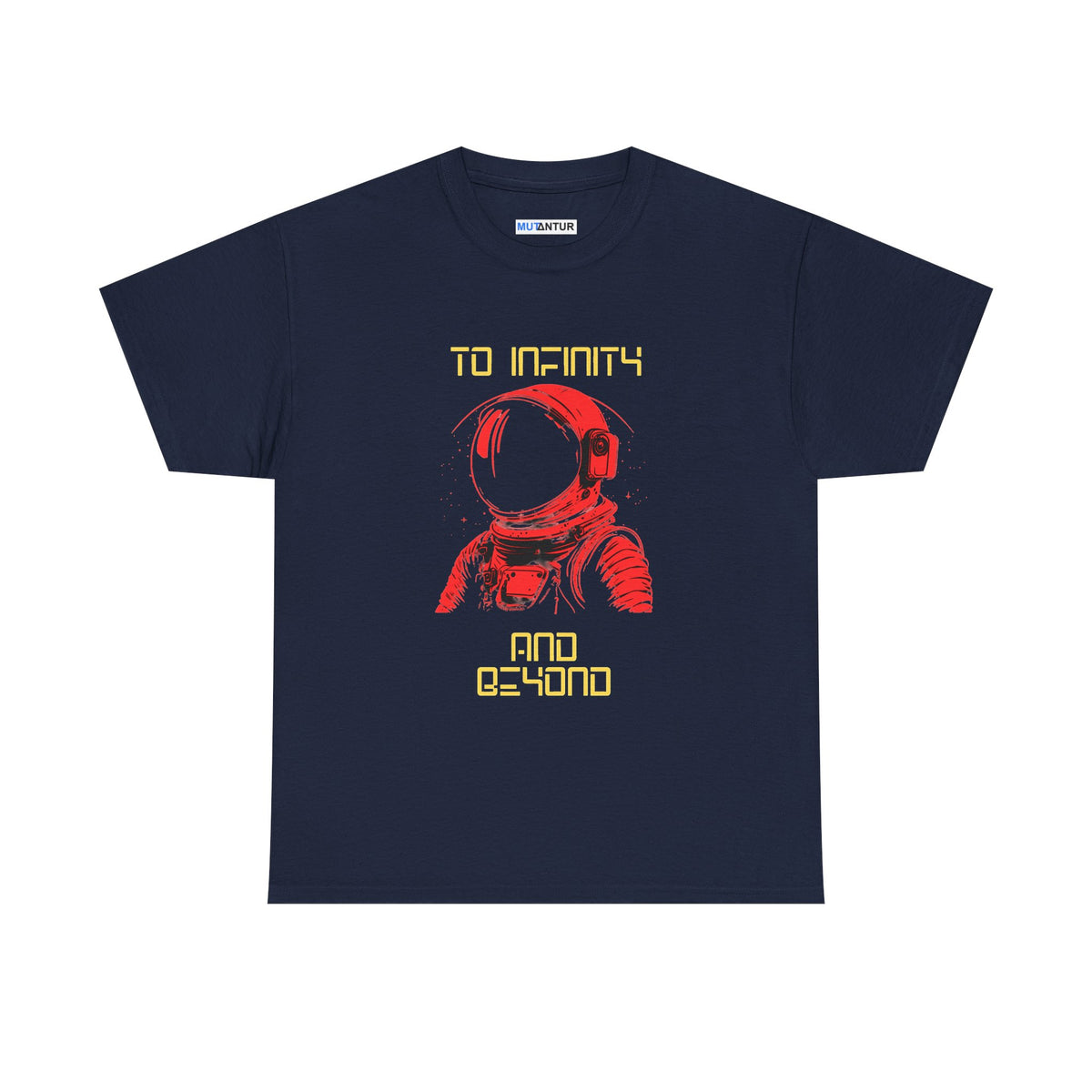 To Infinity and Beyond retro astronaut graphic tee in navy, front view flat mockup
