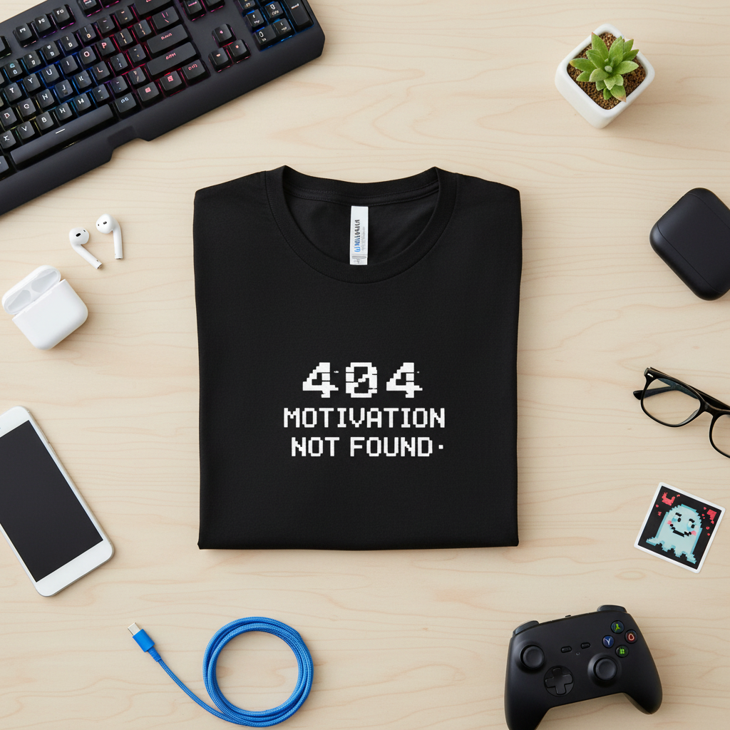 A black short-sleeve crewneck t-shirt with a black graphic on the chest that reads '404 MOTIVATION NOT FOUND'.