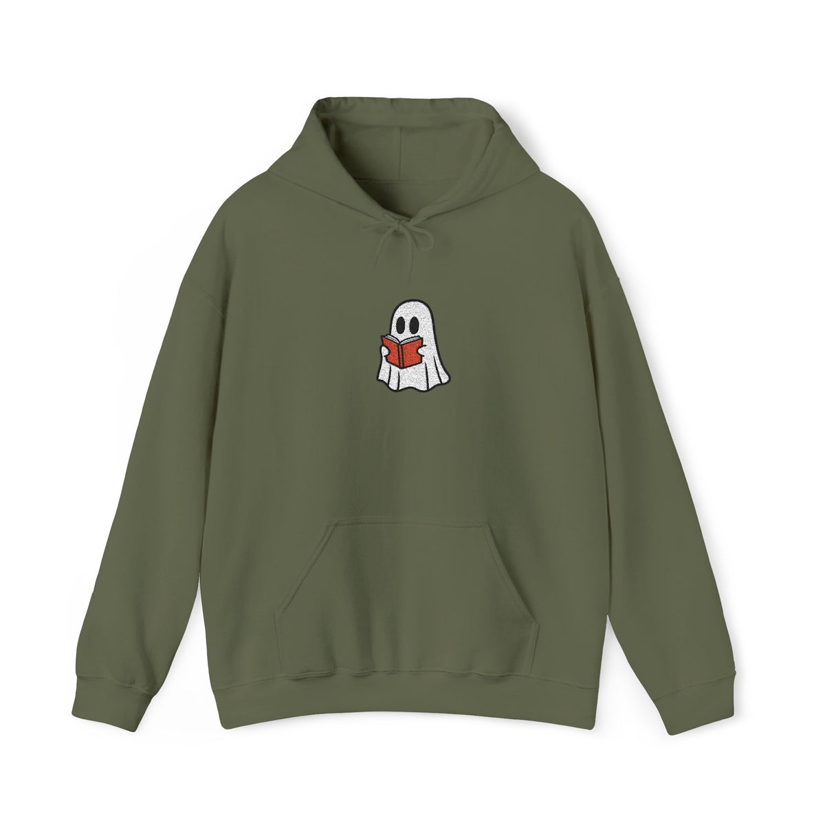 A green hoodie with a cartoon ghost holding a red book against a white background