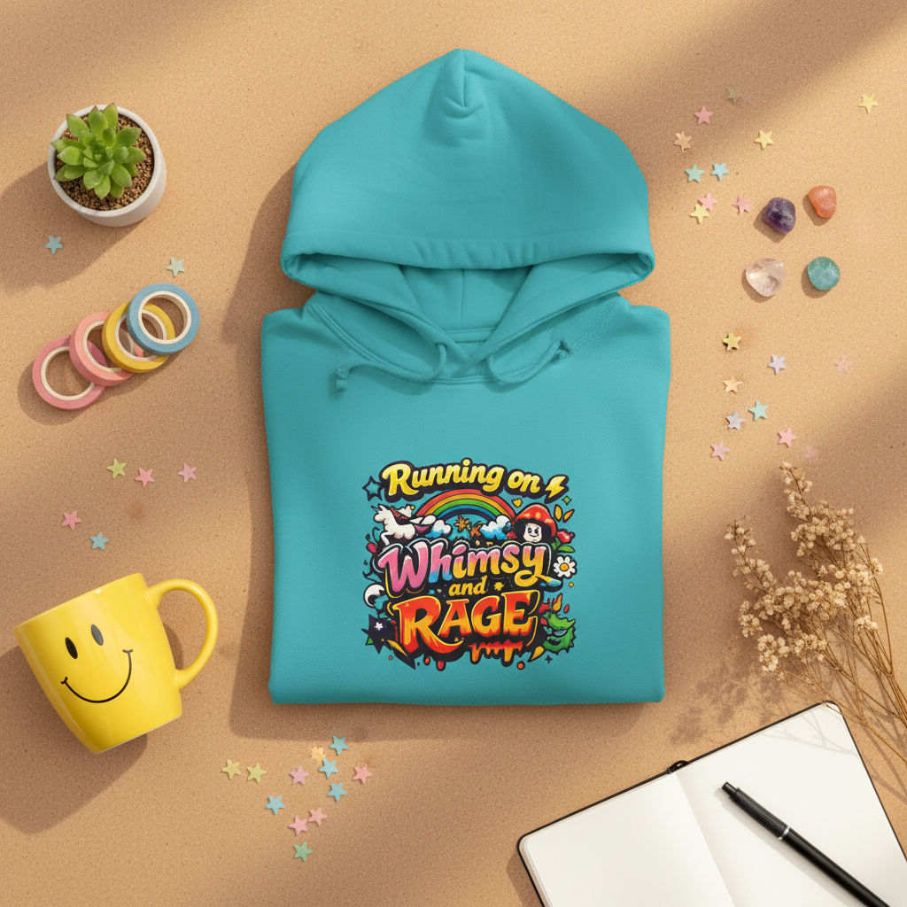 Running on a Whimsy and Rage Comfort Colors graphic hoodie, back view
