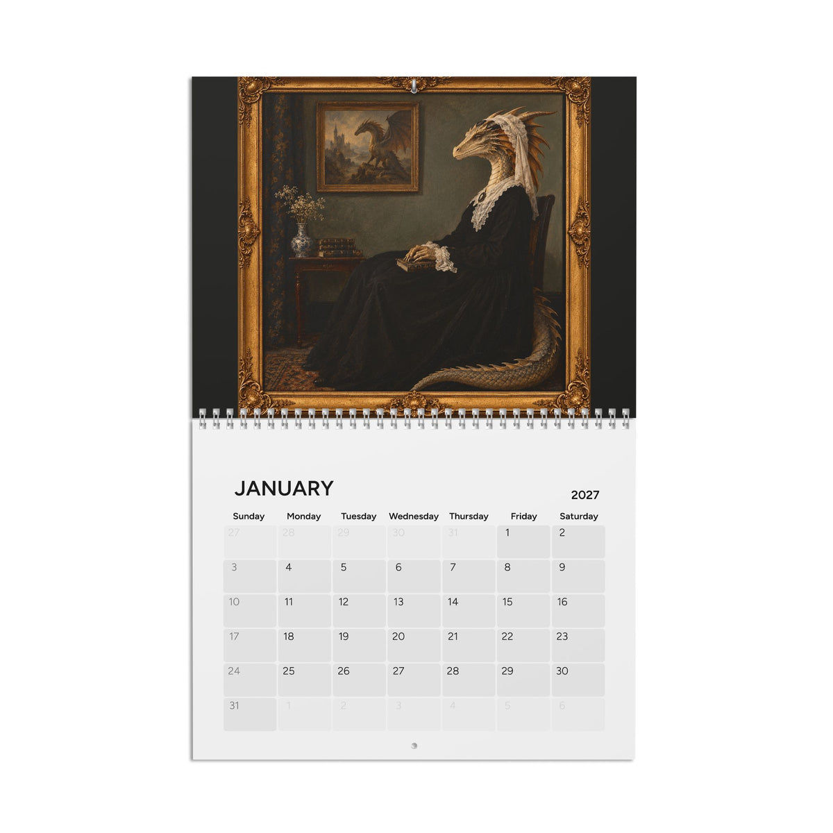 A spiral-bound January 2027 desk calendar featuring a gothic art print of a dragon in a black dress within an ornate gold frame, shown against a plain white background.