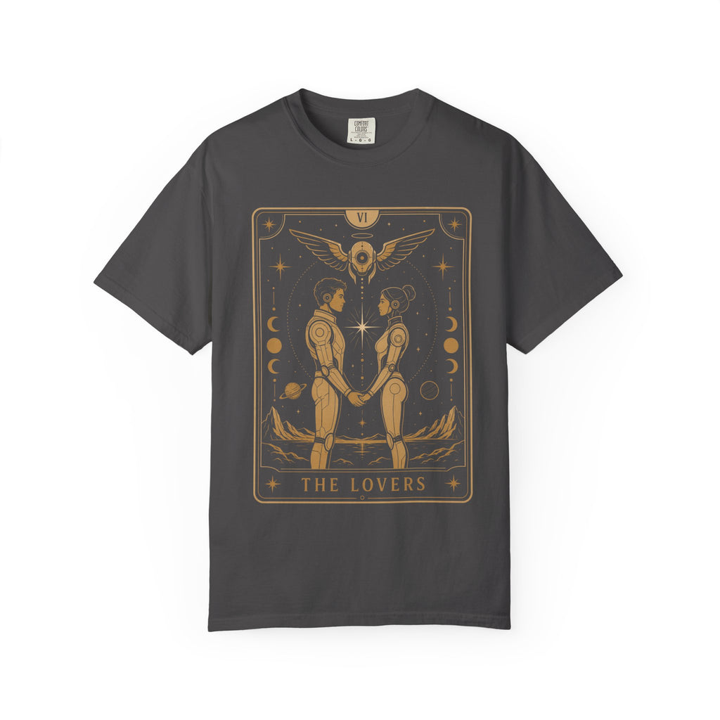 A dark charcoal gray crewneck short-sleeve t-shirt with a gold-colored 'The Lovers' tarot card graphic printed on the chest, displayed against a solid white background.