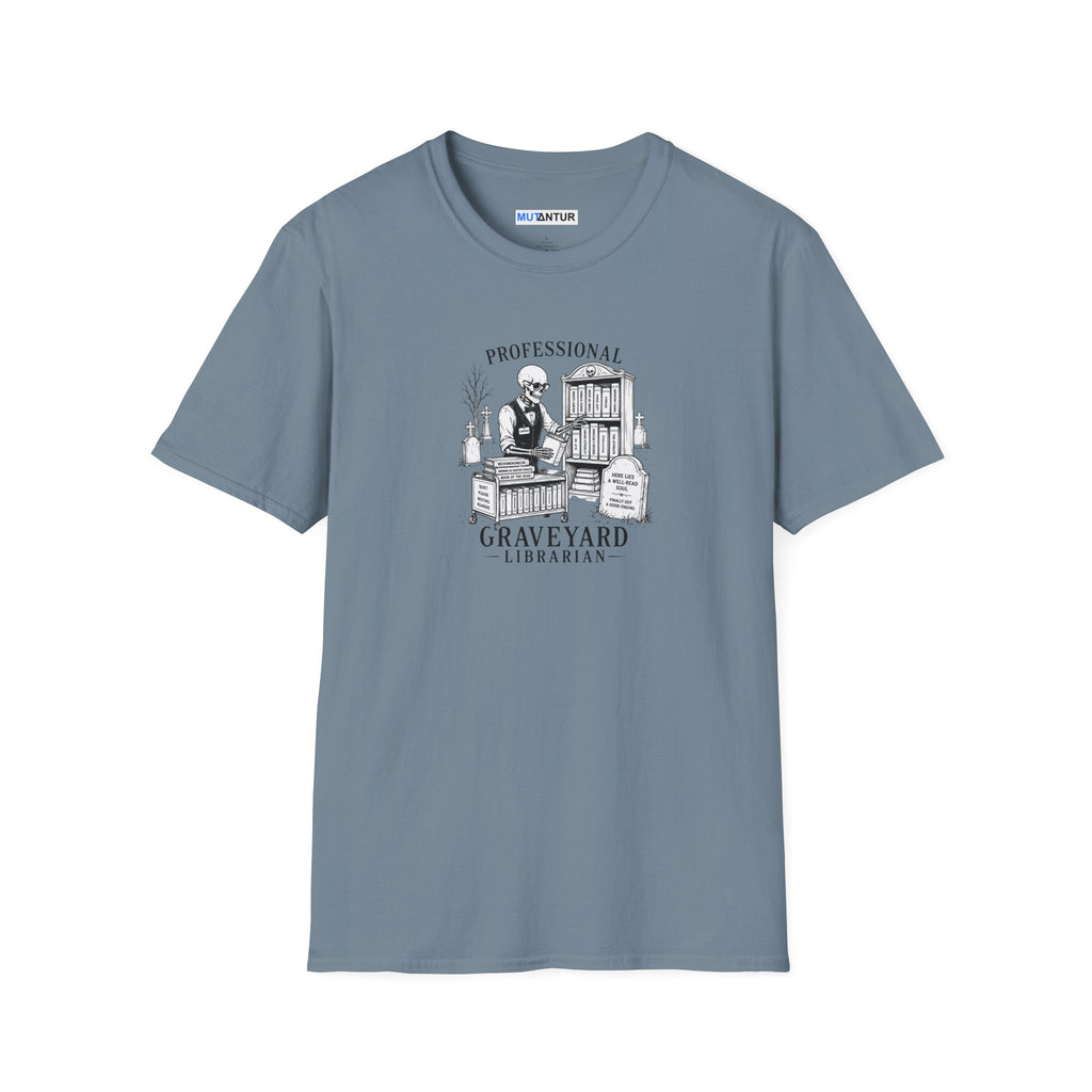 stone blue A sage green short-sleeve crewneck t-shirt with a black and white graphic print on the chest depicting a librarian in a graveyard with tombstones and the text 'Professional GRAVEYARD LIBRARIAN'.