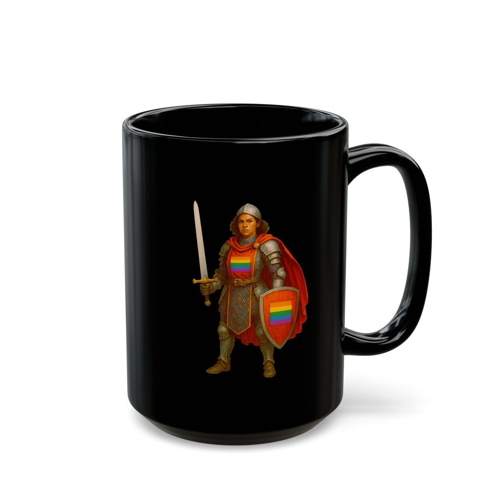 Rainbow Paladin Mug — Black Ceramic Mug with Pride Shield and Cape - Mutantur Labs LLC