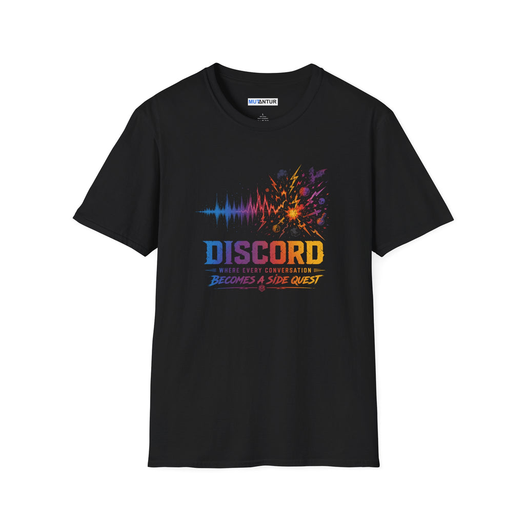 A black short-sleeve crewneck t-shirt featuring a colorful graphic on the front with an audio waveform, a paint splatter, and the text 'DISCORD' and 'WHERE EVERY CONVERSATION BECOMES A SIDE QUEST'.