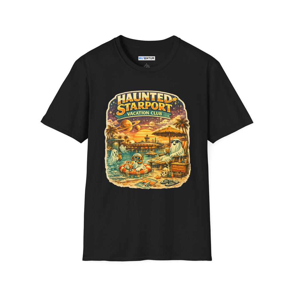 Haunted Starport Vacation Club T-Shirt – Funny Retro Sci-Fi Summerween Tee - Mutantur Labs LLC