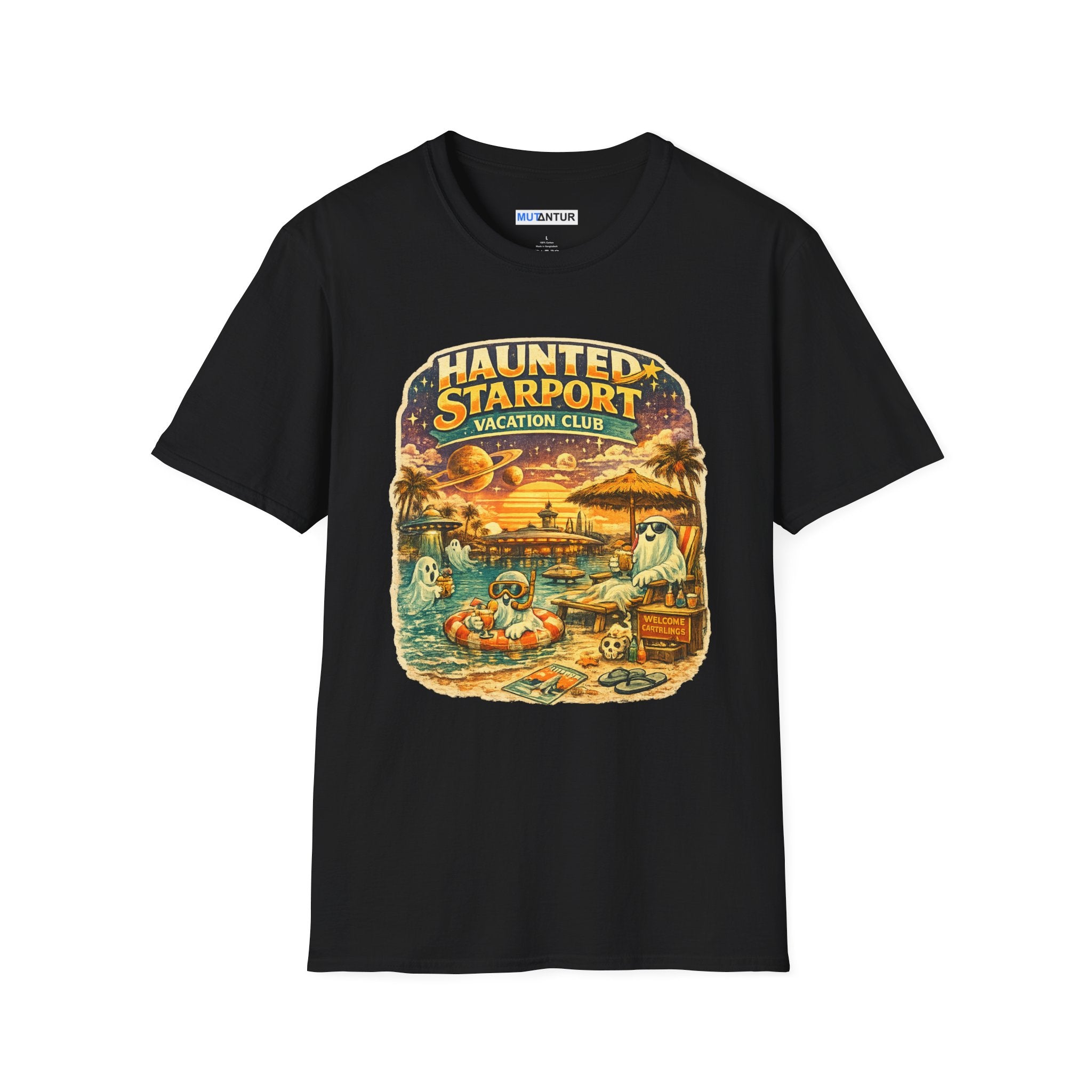Haunted Starport Vacation Club T-Shirt – Funny Retro Sci-Fi Summerween Tee - Mutantur Labs LLC