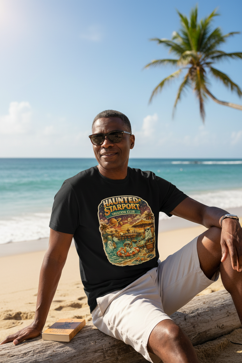 Haunted Starport Vacation Club T-Shirt – Funny Retro Sci-Fi Summerween Tee - Mutantur Labs LLC