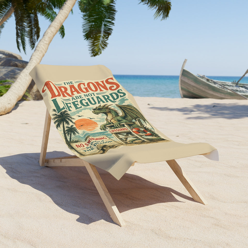 Beach Towel — "The Dragons Are Not Lifeguards" Vintage Summerween Dragon Design