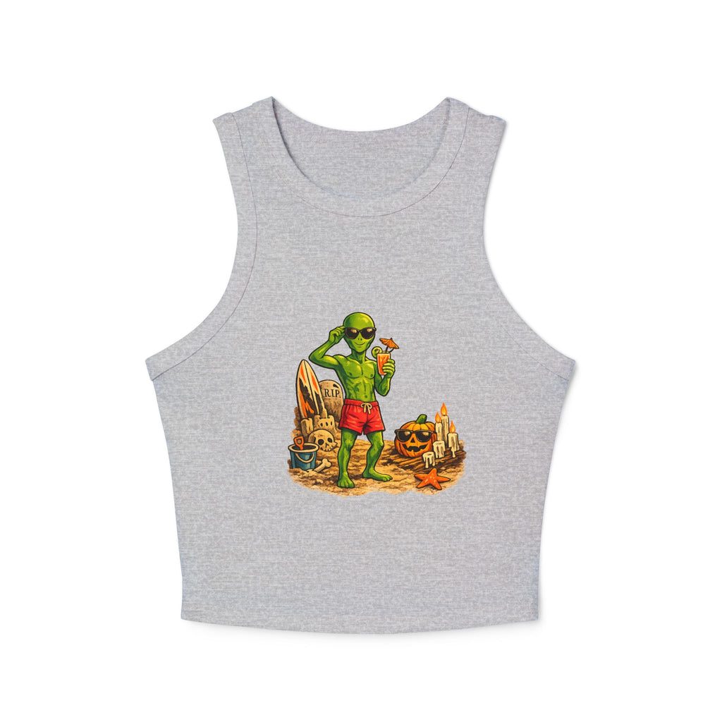 Alien on Vacation Crop Tank Top — Retro Summerween Beach Graphic
