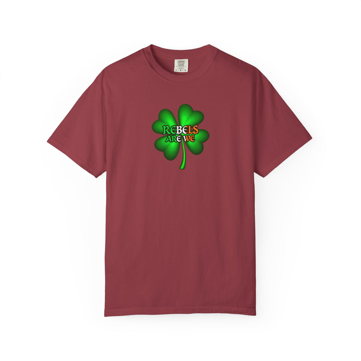 featuring a green four-leaf clover graphic on the chest with the text 'REBELS ARE WE' in red, yellow, and green.