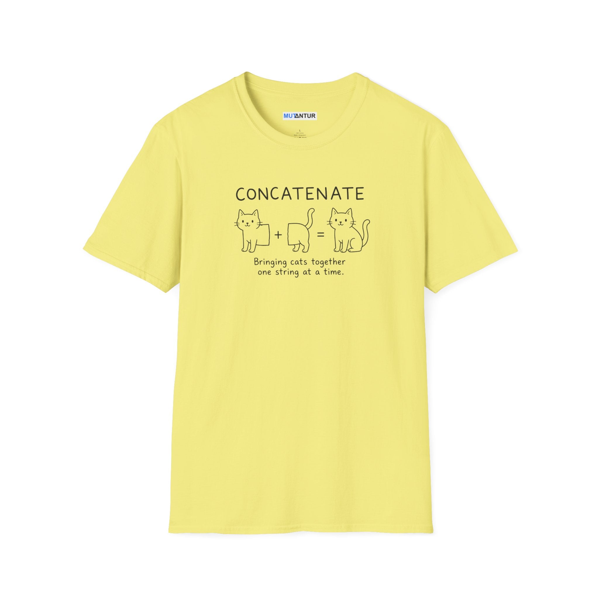 A pale yellow short-sleeve crewneck t-shirt with a black graphic print on the chest featuring the word 'CONCATENATE' and simple line drawings of cats and a cat bed with the phrase 'Bringing cats together one string at a time.'.
