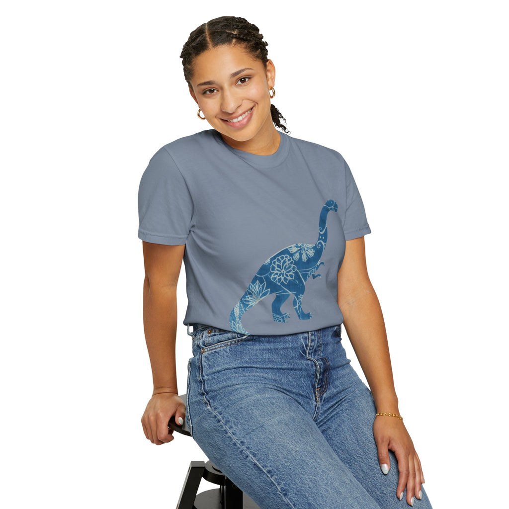 Blue Floral Dinosaur T-Shirt | Chinoiserie Brontosaurus Graphic Tee - Mutantur Labs LLC