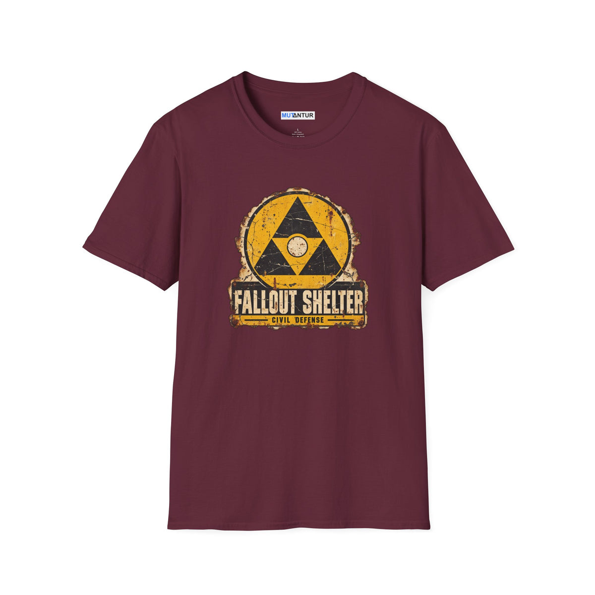 A maroon  crew neck shirt with a vintage graphic depicting a  yellow and black  Fallout Shelter  sign design with the words Civil Defense at the bottom against a white background