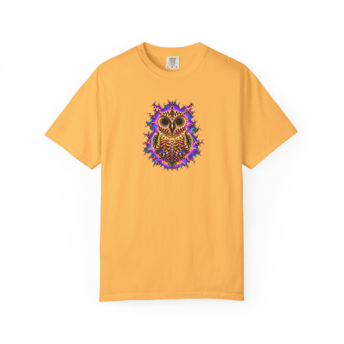A yellow short-sleeve crewneck t-shirt featuring a colorful, patterned owl graphic printed on the center chest, displayed against a solid white background.